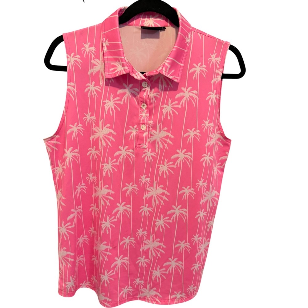 Sunday Swagger Womens Pink Palm Tree Sleeveless Golf Polo Shirt Sz L Activewear